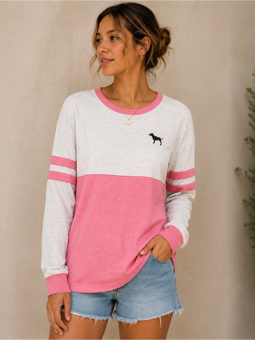 Pink VS Colorblock Long Sleeve Crewneck Top - Pink/White size M